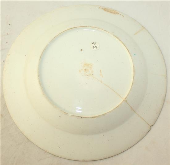 Two Bow porcelain polychrome plates, c.1754, 21cm and 23cm, circular plate cracked, octagonal plate with slight chips